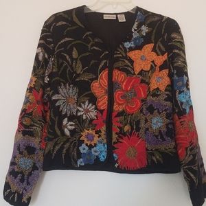 Chico's Elegant black flowered blazer with beads and Stitchery accents. Size 4-6